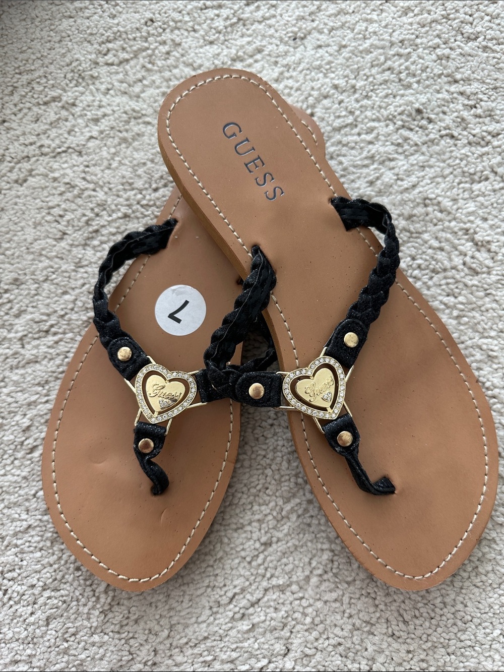 GUESS Black Braided Thong Sandals with Gold Heart Accents 7